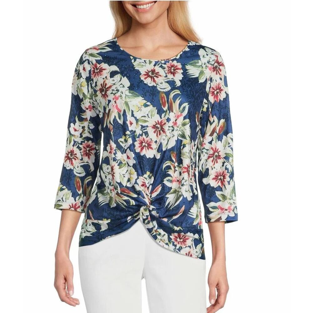 Allison Daley Damask Floral 3/4 Sleeve Crew Neck Twist Hem Knit Top 2X